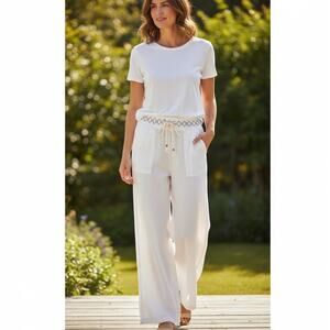 April Kiss Linen Pants Beach Summer Boho NWT High Waist Wide Leg SZ LG White